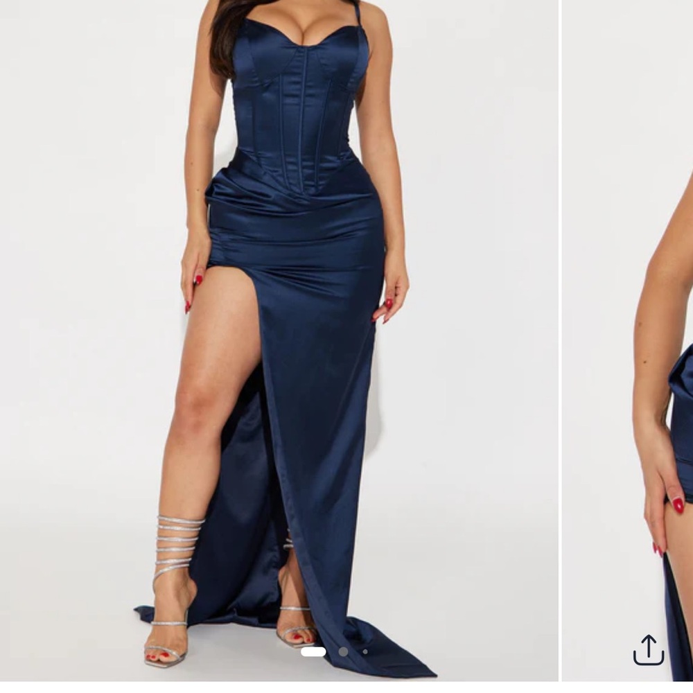Navy Satin Formal Gown – Mariah Corset Style with High Slit – Size M
